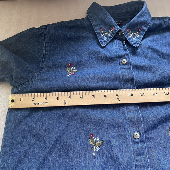 Vintage Y2K‎ Deranged Shirt Women Large Blue Denim Embroidered Floral Button Up - Picture 7 of 10